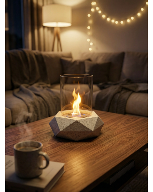 Decomini PRISMA | Geometrik Hafif Beton Masaüstü Şömine (Bio-Etanol)